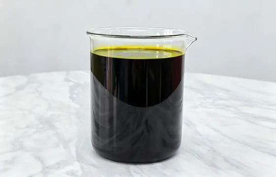 烧杯盛装深褐色三氯化铁液体，放置大理石台面上。