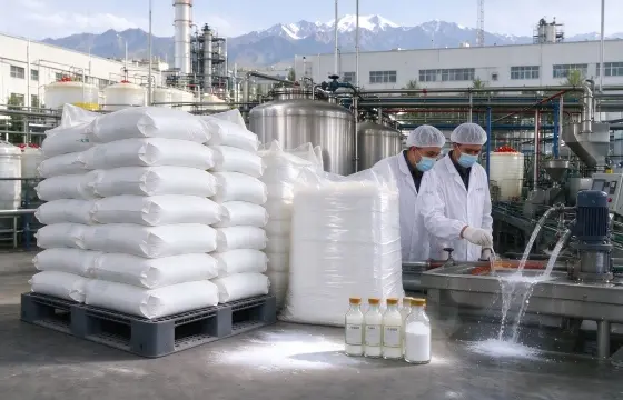 仓库内堆放 25kg 覆膜袋装柠檬酸晶体原料，袋装物料整齐码放于防潮托盘之上。柠檬酸可应用于南疆林果食品深加工调酸护色、油田及热电设备化学清洗、循环水螯合阻垢处理、生物发酵菌种培养基 pH 调节，也可用于日化、建材除锈等各类工业场景。